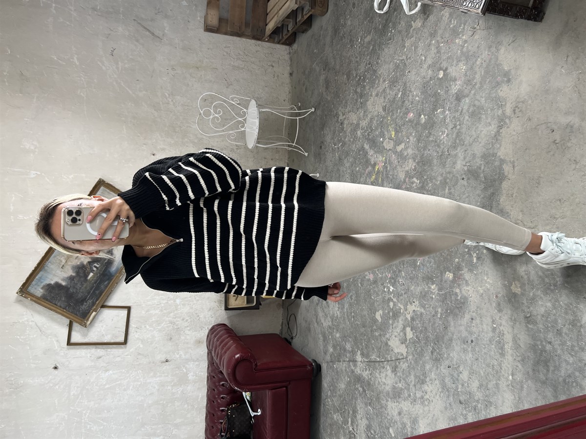 Fermuarlı Çizgili Siyah Kazak KAZAK