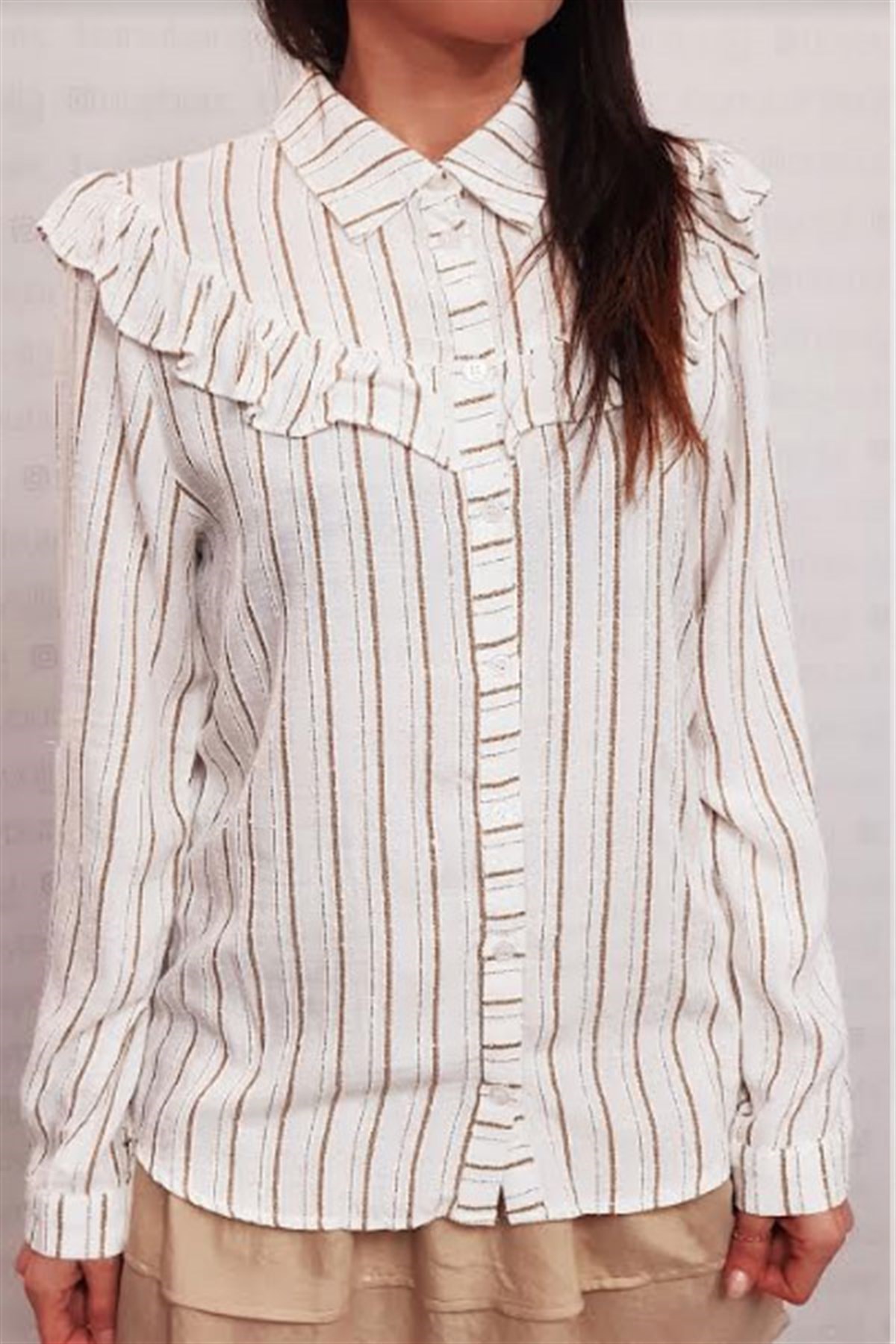 Fırfır Detay Çizgili Gömlek