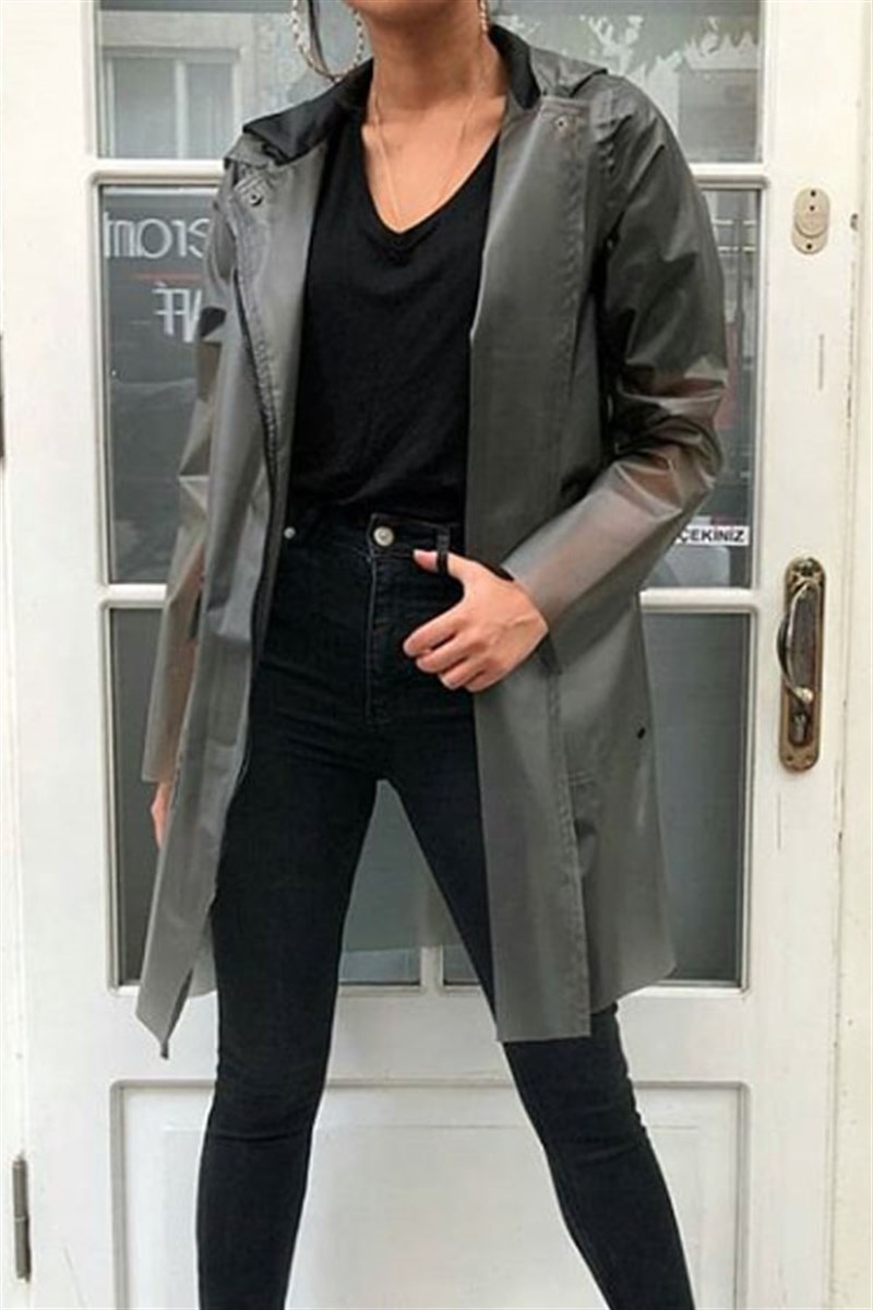 Füme Şeffaf Cepli Yağmurluk