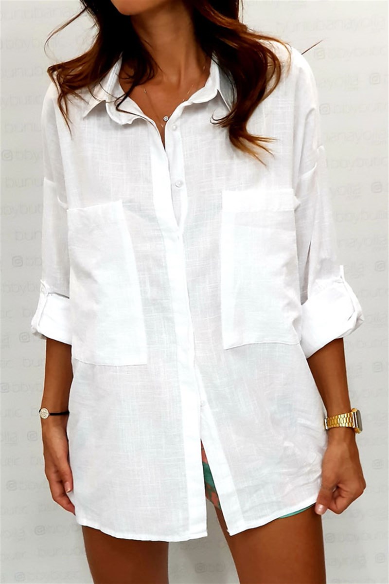 Geniş Cepli Keten Gömlek