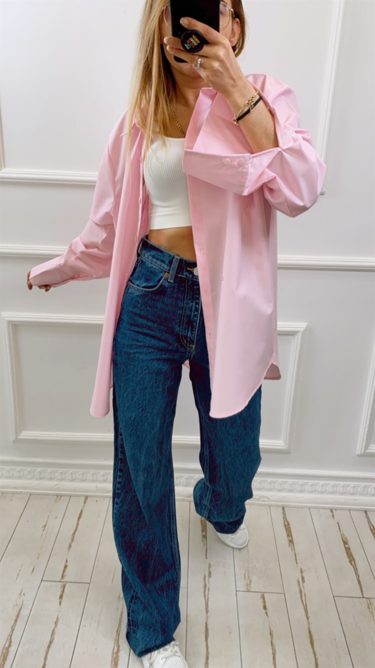 Geniş Manşetli Oversize Pembe Gömlek
