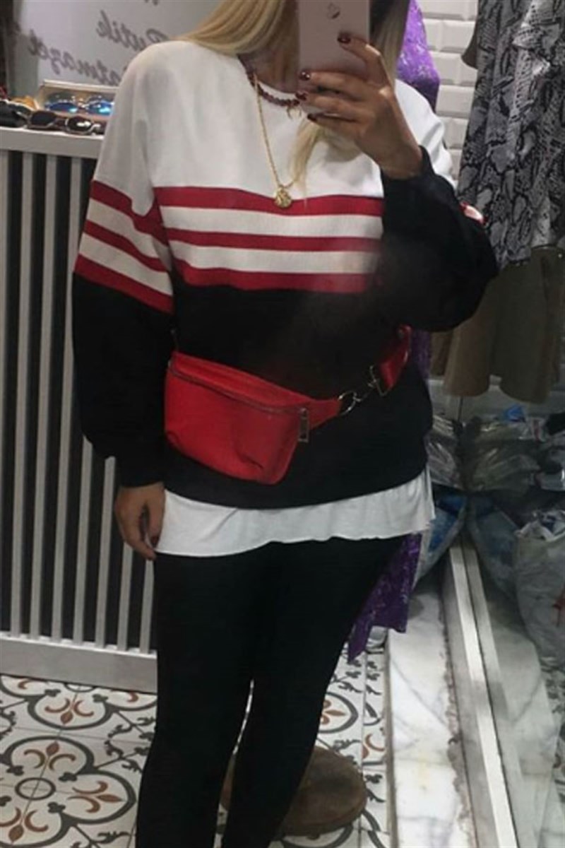 Göğsü Kırmızı Triko Şeritli Sweatshirt
