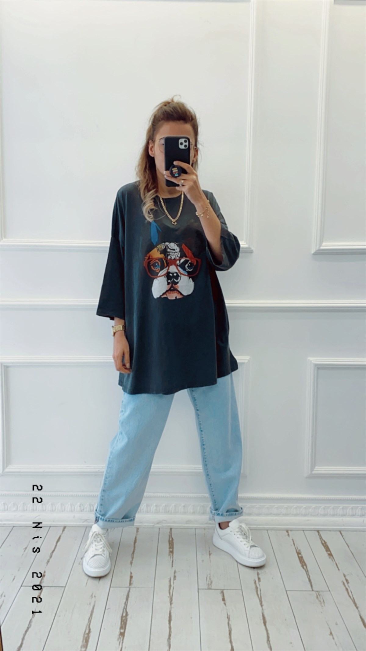 Gözlüklü French Buldog Baskılı Oversize Tshirt