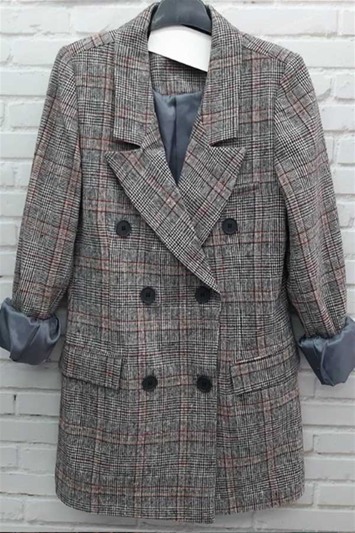 Gri Ekoseli Blazer Ceket