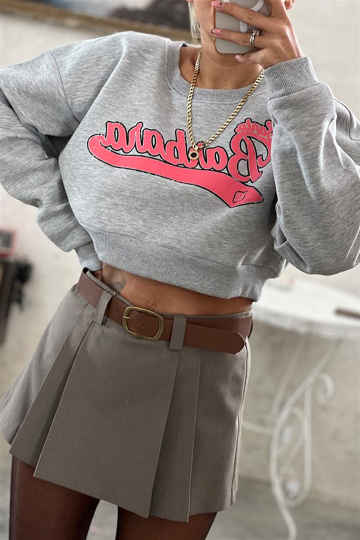 Gri Önü Baskılı Mini SweatshirtSWEATSHİRT