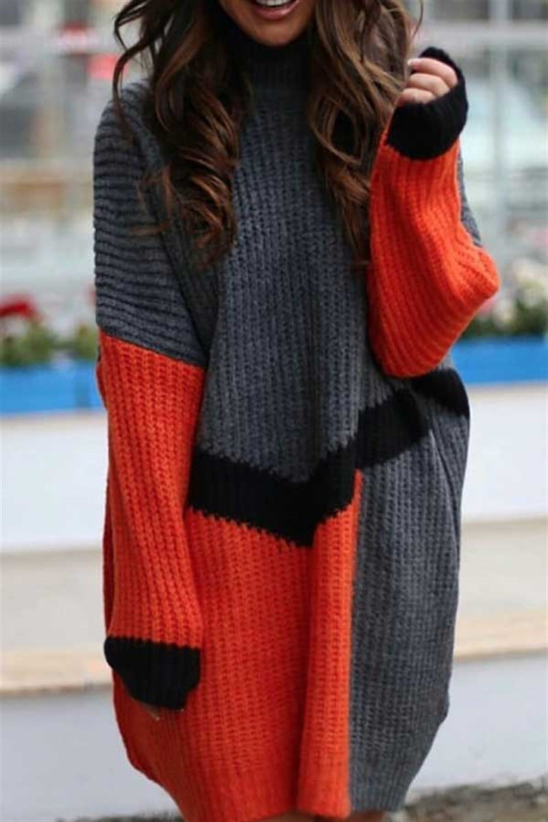 Gri Turuncu Oversize Triko