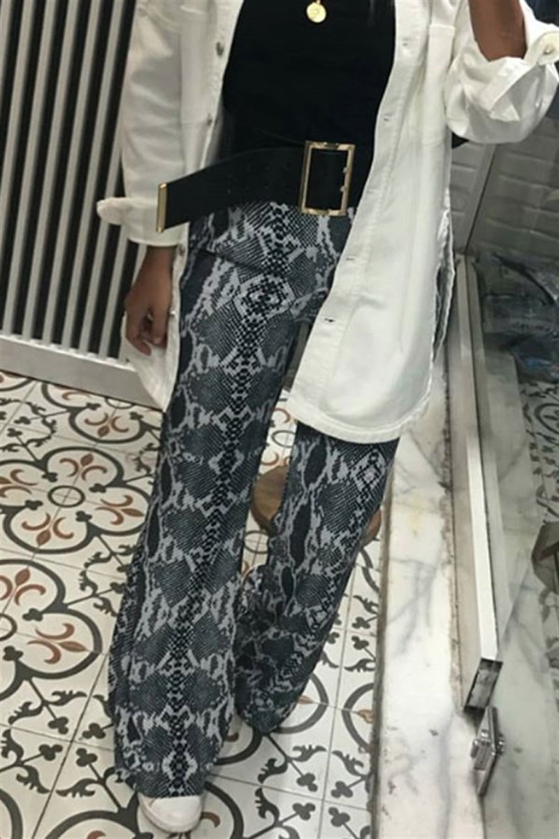 Gri Yılan Derisi Desen İspanyol Pantalon