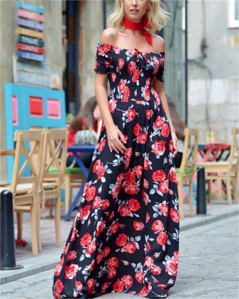 Gül Desenli Maxi Madonna Elbise