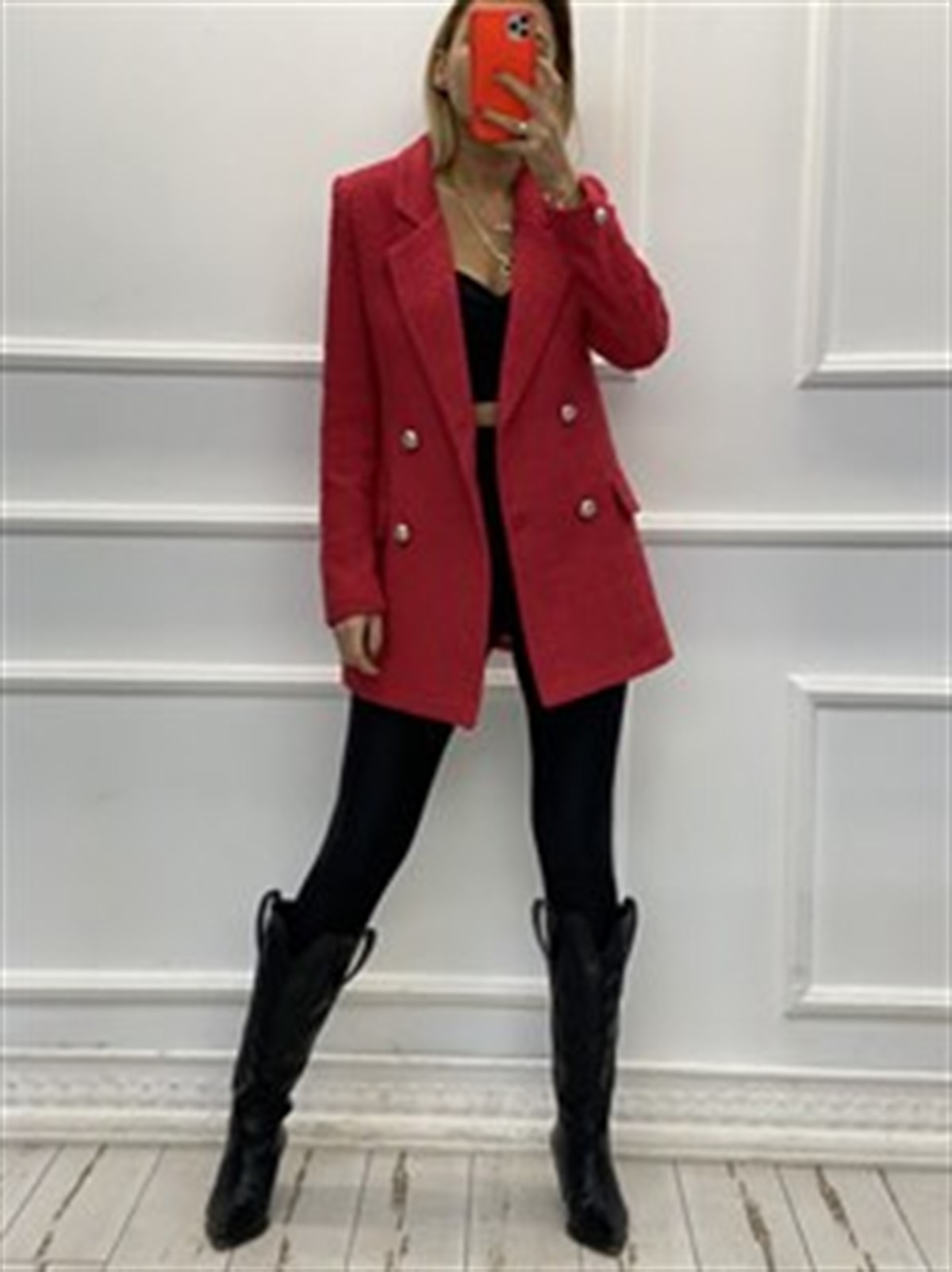 Gümüş Düğmeli Kırmızı Buklet CeketMONT/CEKET