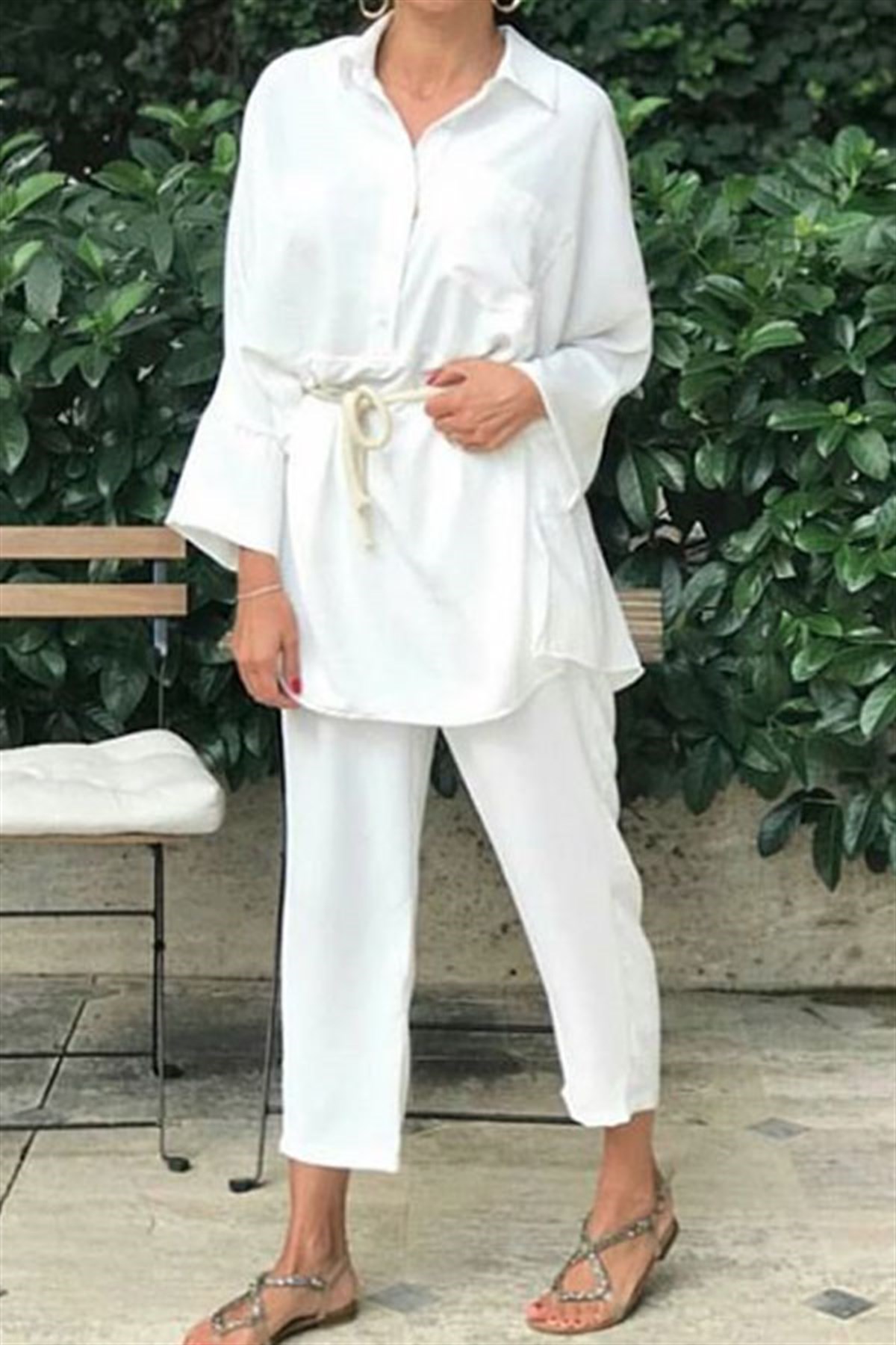 Ham Keten Beyaz Bluz Pantalon Takım