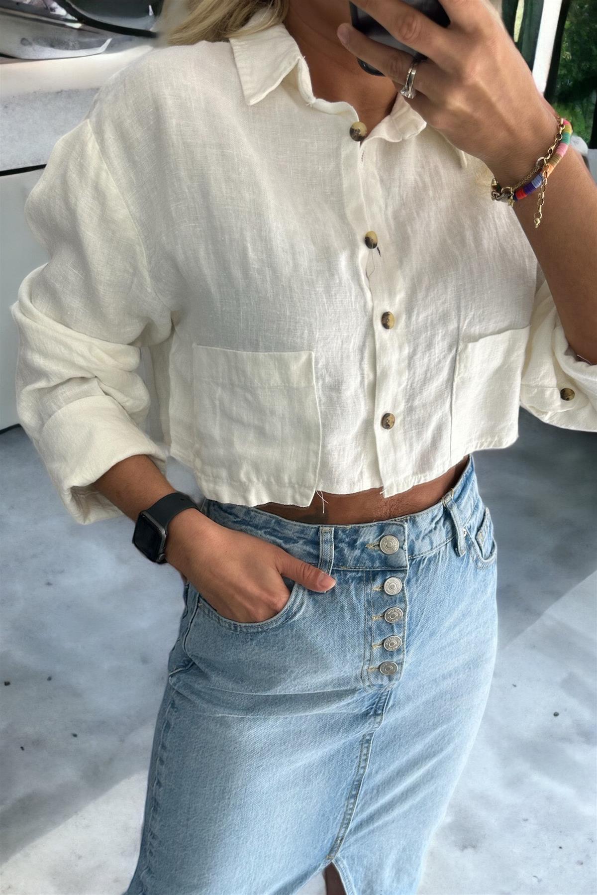 Ham Keten Ekru Mini GömlekGÖMLEK