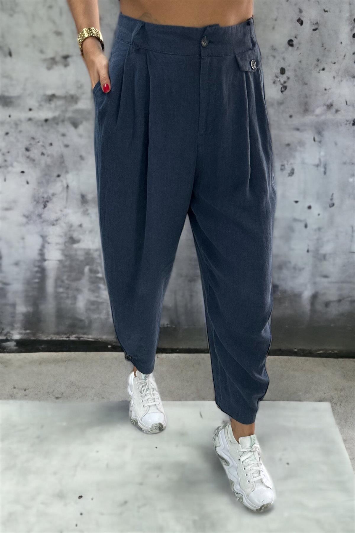 Ham Keten Lacivert Paça Düğmeli PantolonPANTOLON