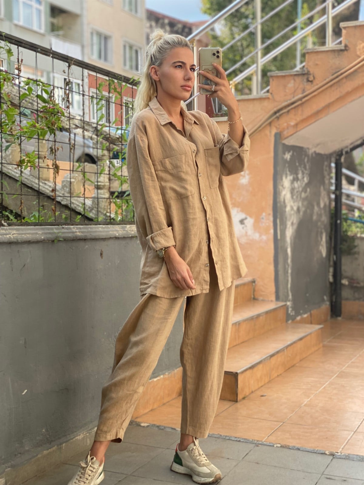 Ham Keten Oversize Camel GömlekGÖMLEK