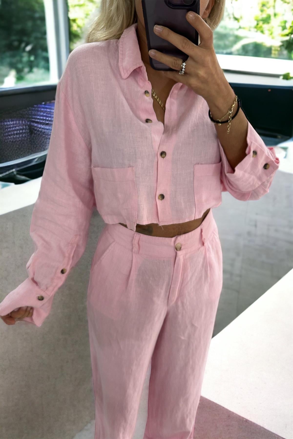 Ham Keten Pembe Mini GömlekBLUZ