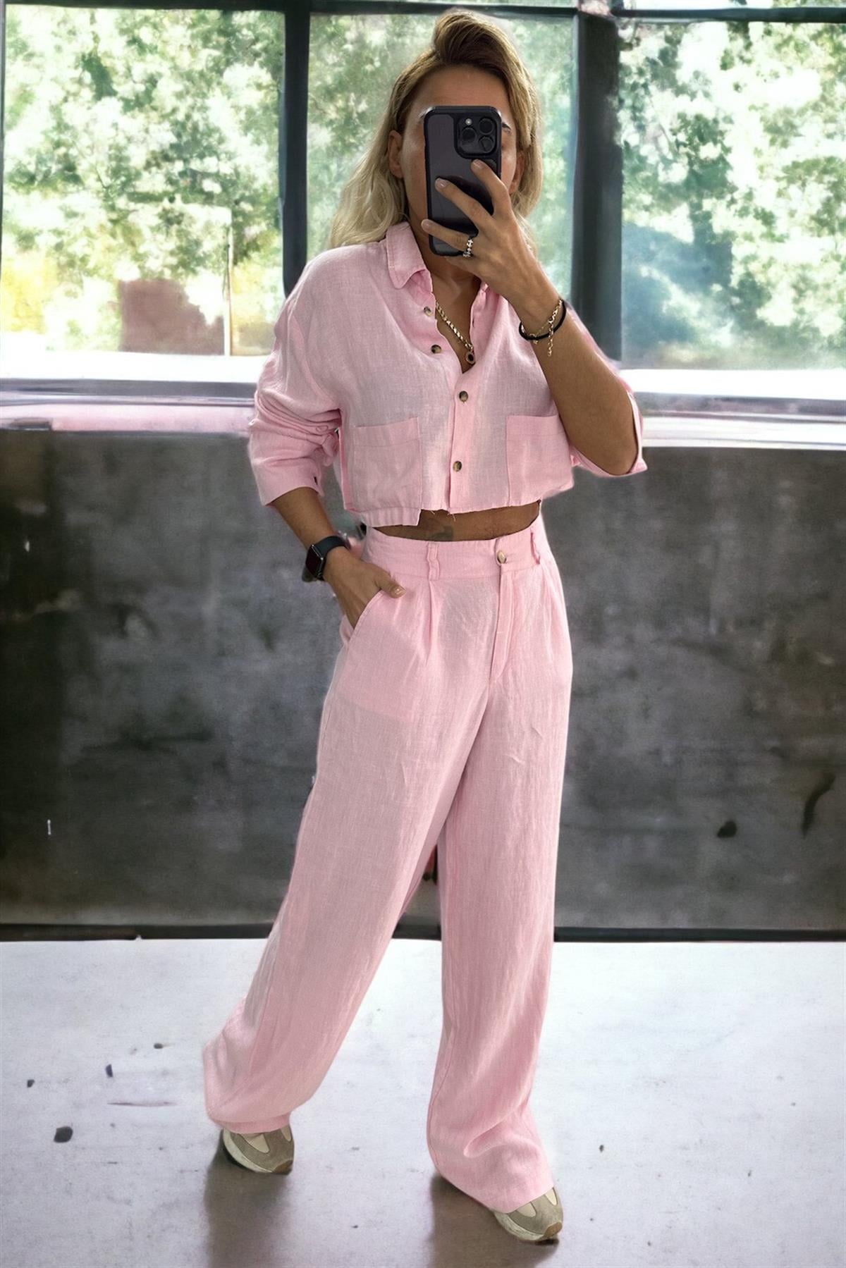 Ham Keten Pembe Palazzo PantolonPANTOLON