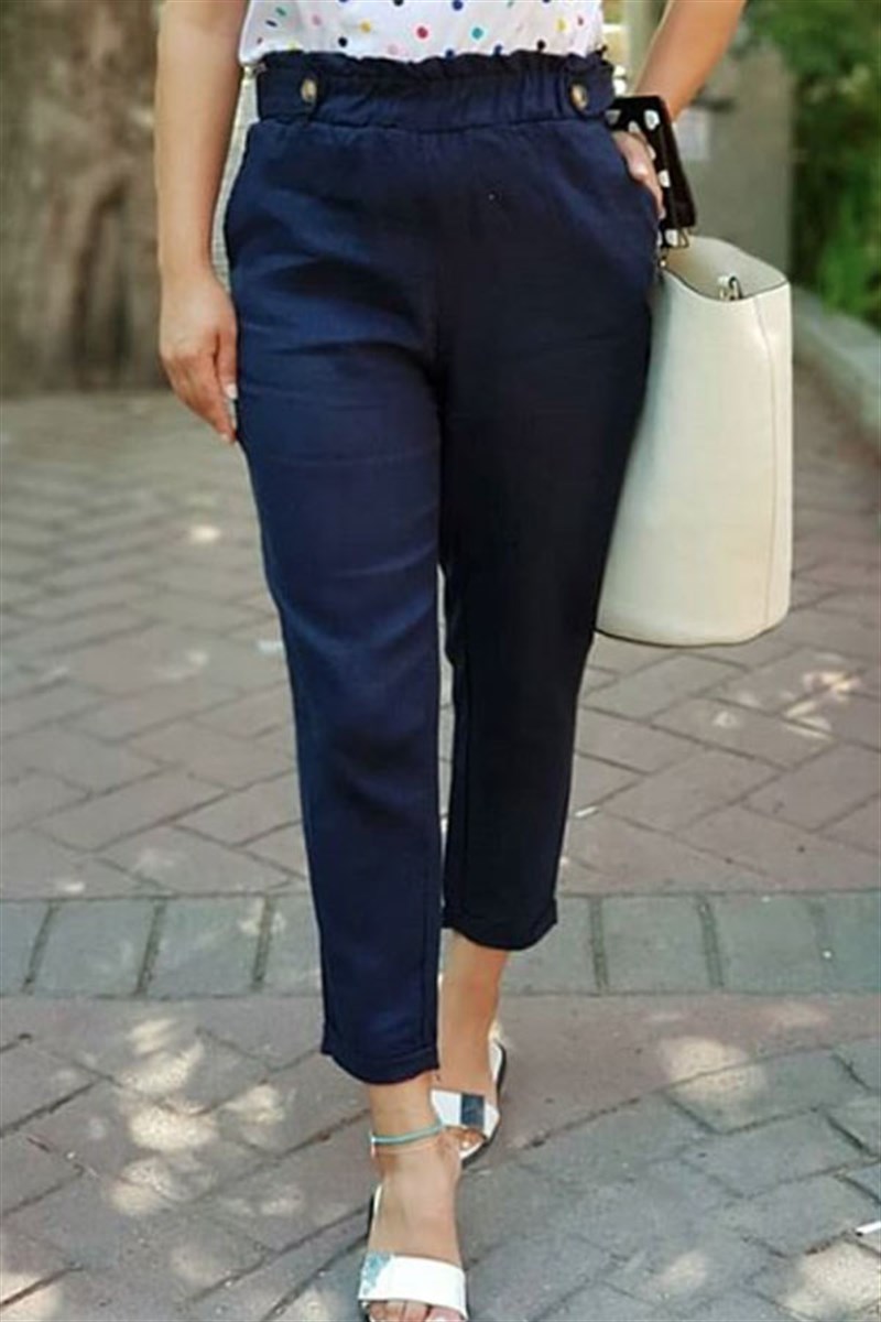 Havuç Kesim Düğme Detay Keten Pantalon