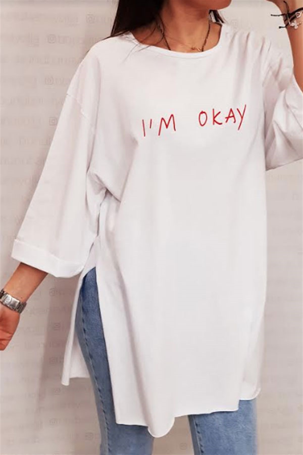 I'm Ok Yırtmaçlı Tunik Tshirt