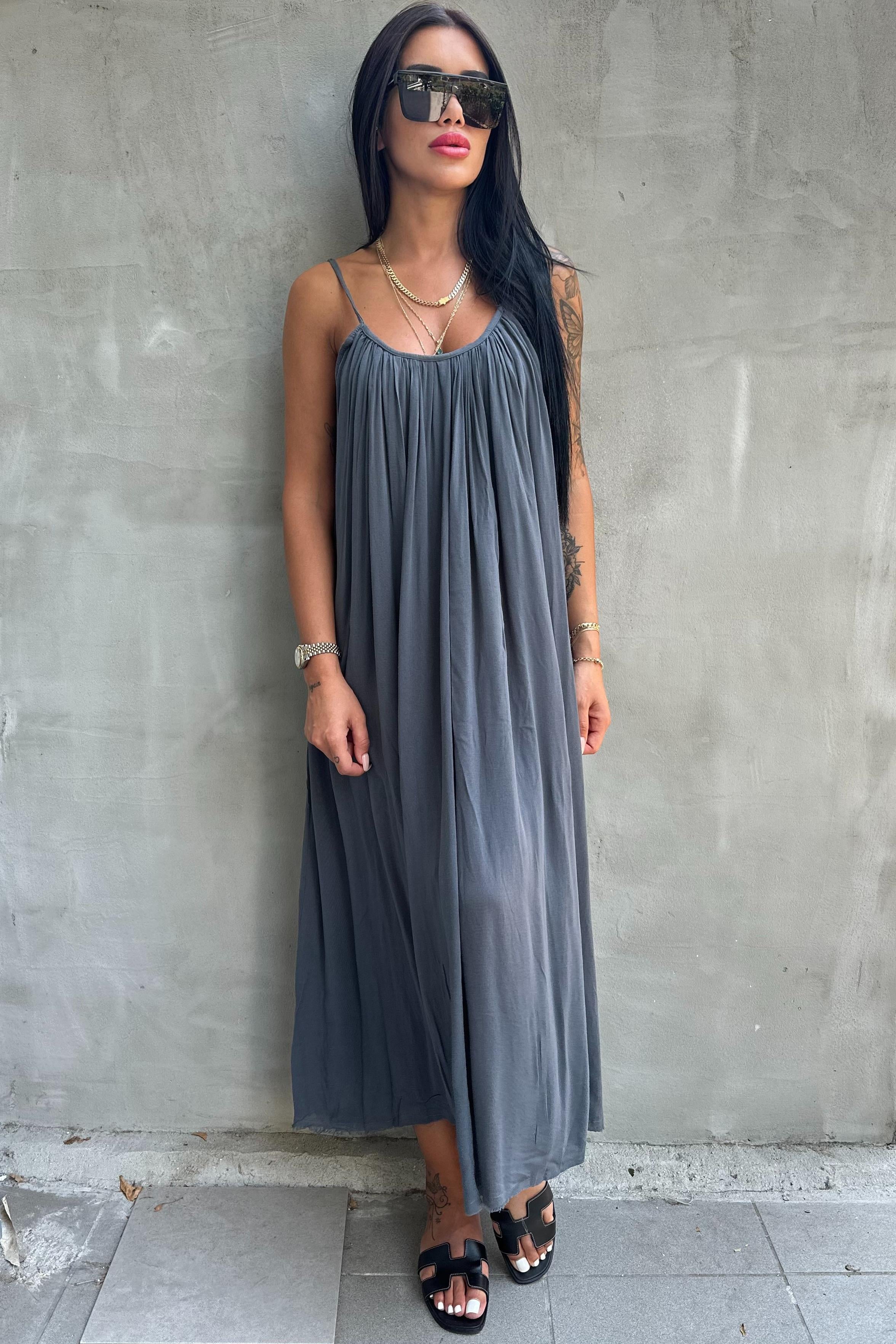 İnce Askılı Keten Antrasit ElbiseELBİSE
