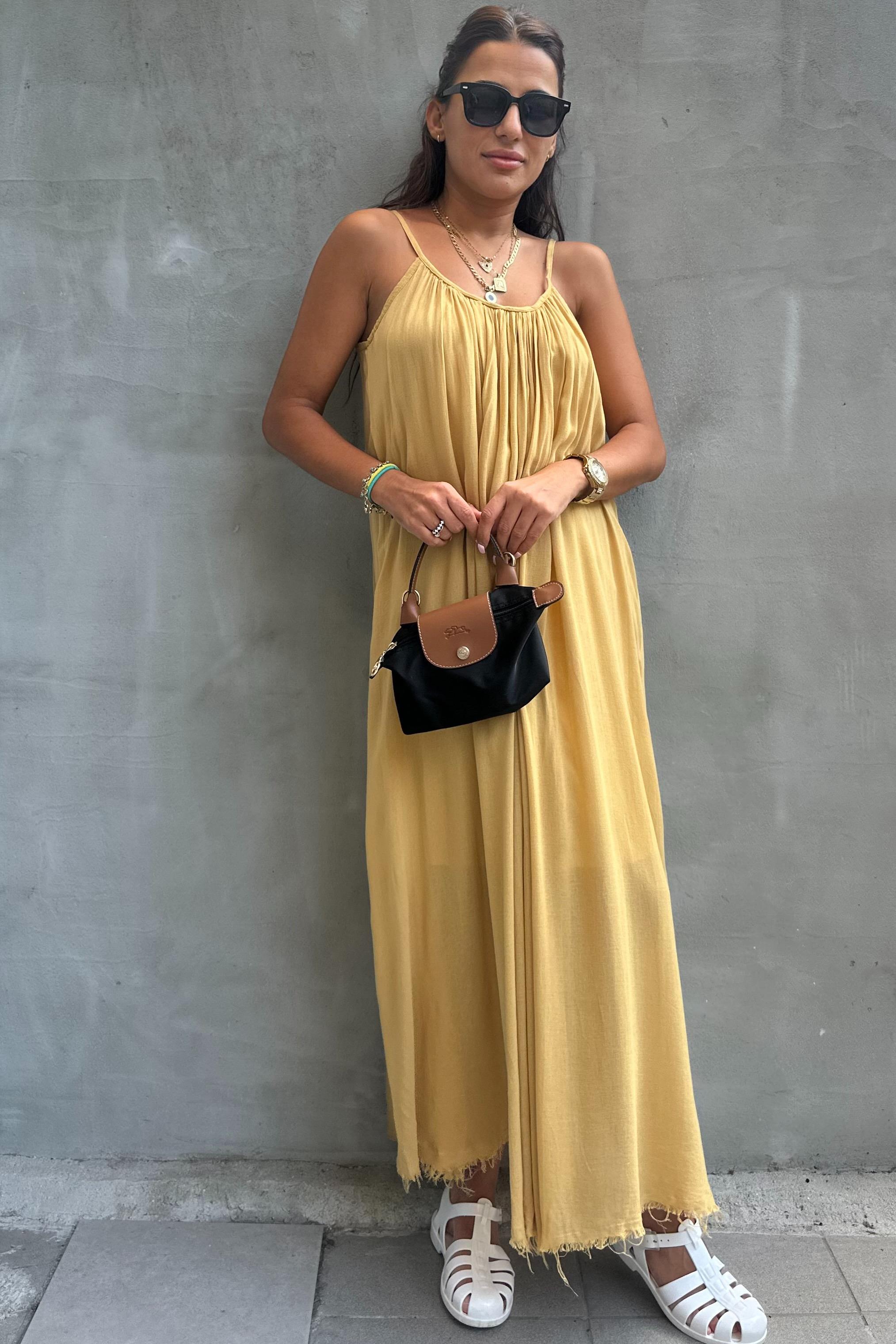 İnce Askılı Keten Hardal ElbiseELBİSE