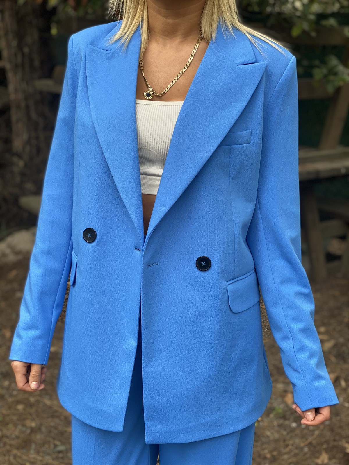 İndigo Mavi Blazer Ceket Palazzo Pantolon TakımTAKIMLAR