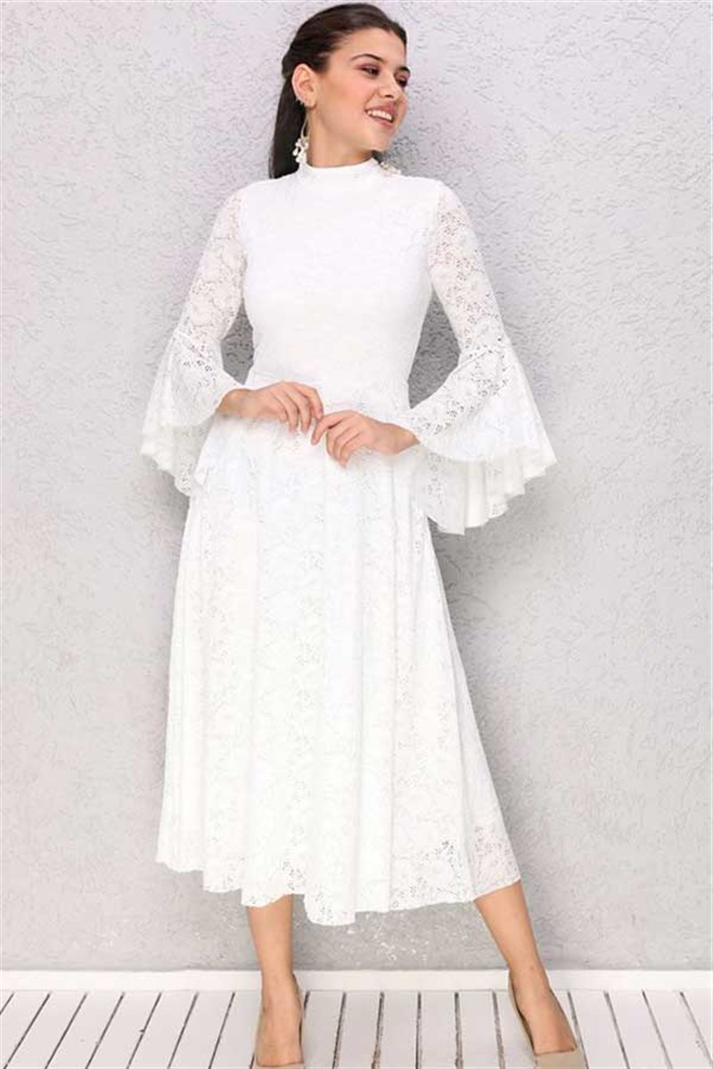 İspanyol Kol Güpür Beyaz Midi Elbise