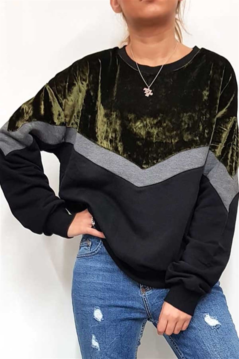 Kadife Detaylı 3 Renkli Sweatshirt