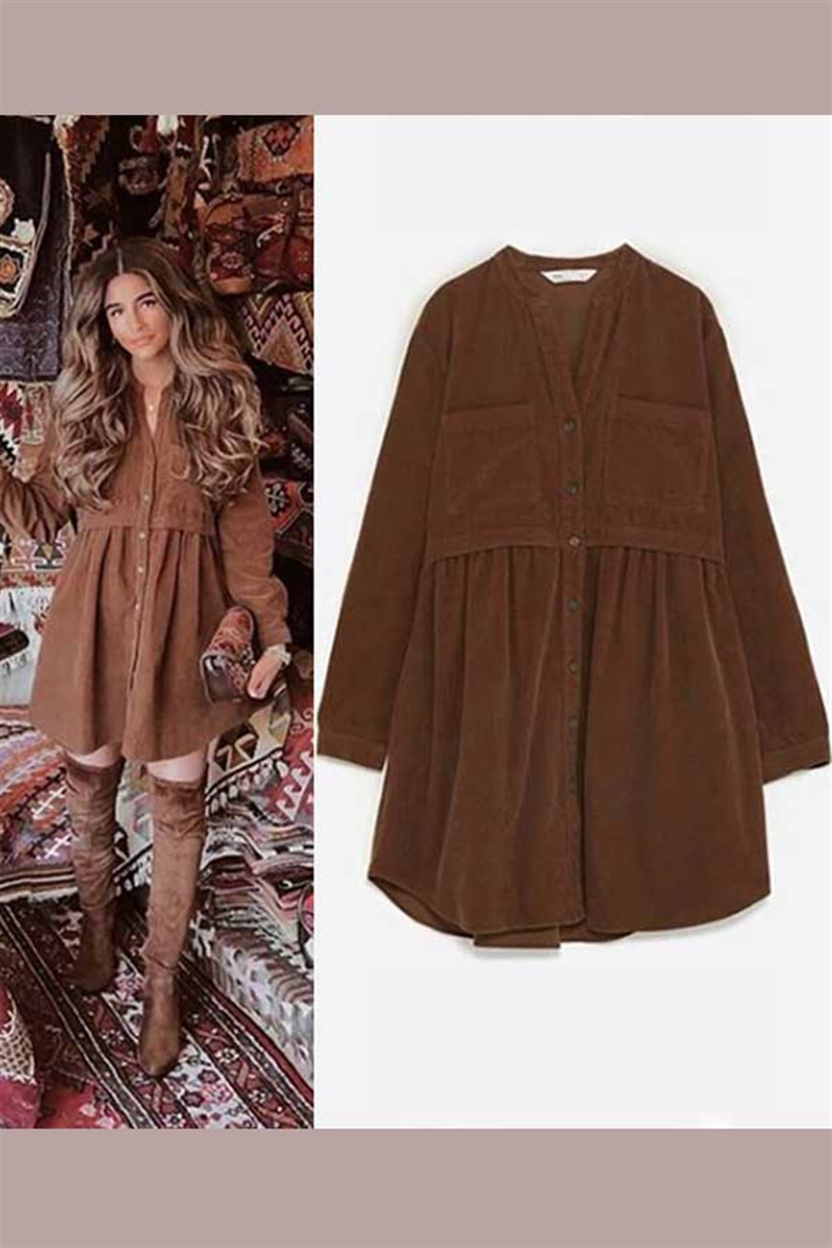 Kadife Düğmeli Kahve Elbise