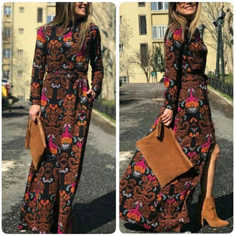 Kahve Desenli Maxi Gömlek Elbise