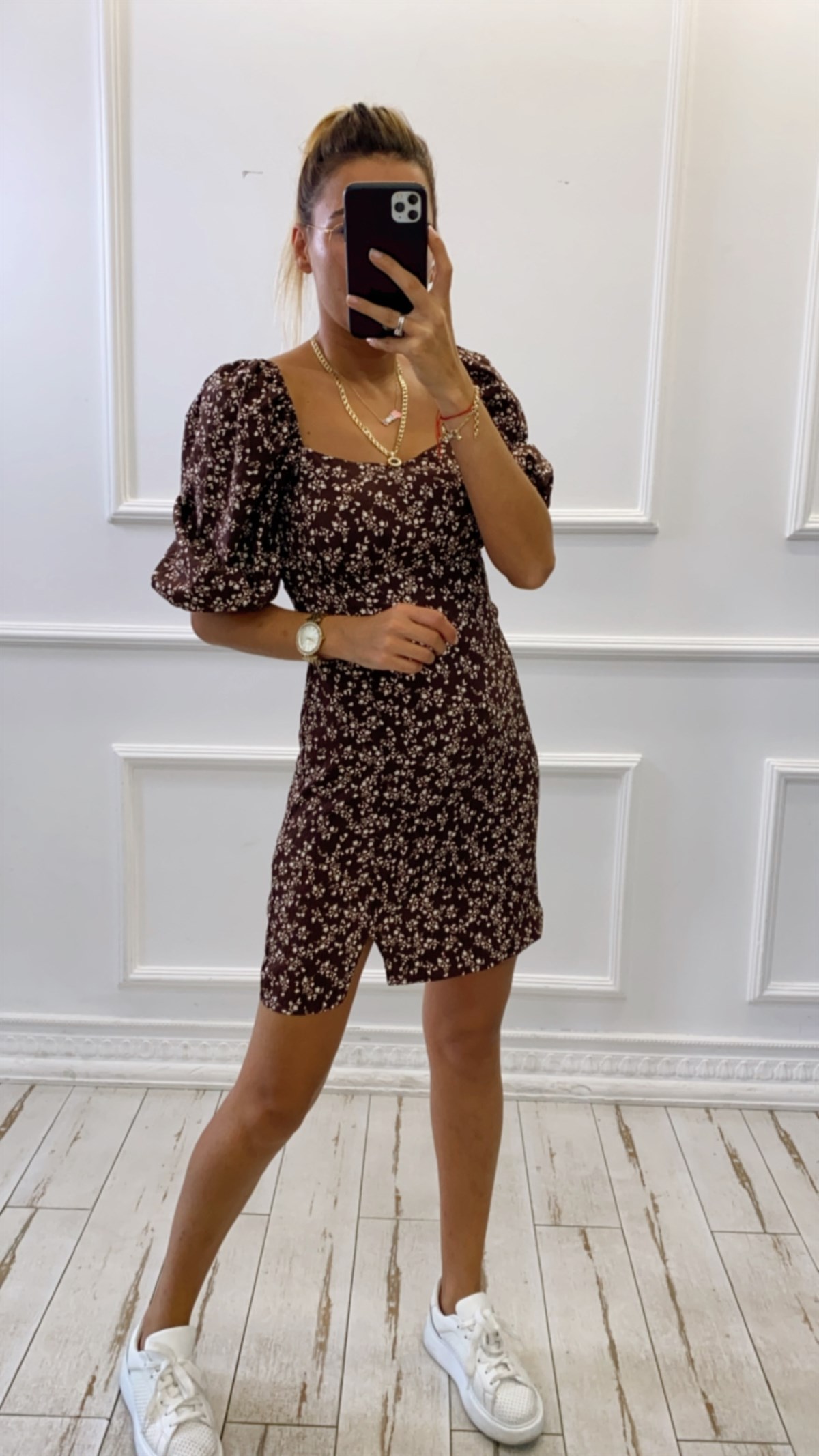 Kahve Rengi Kare Yaka Çıtır Desen Mini Elbise