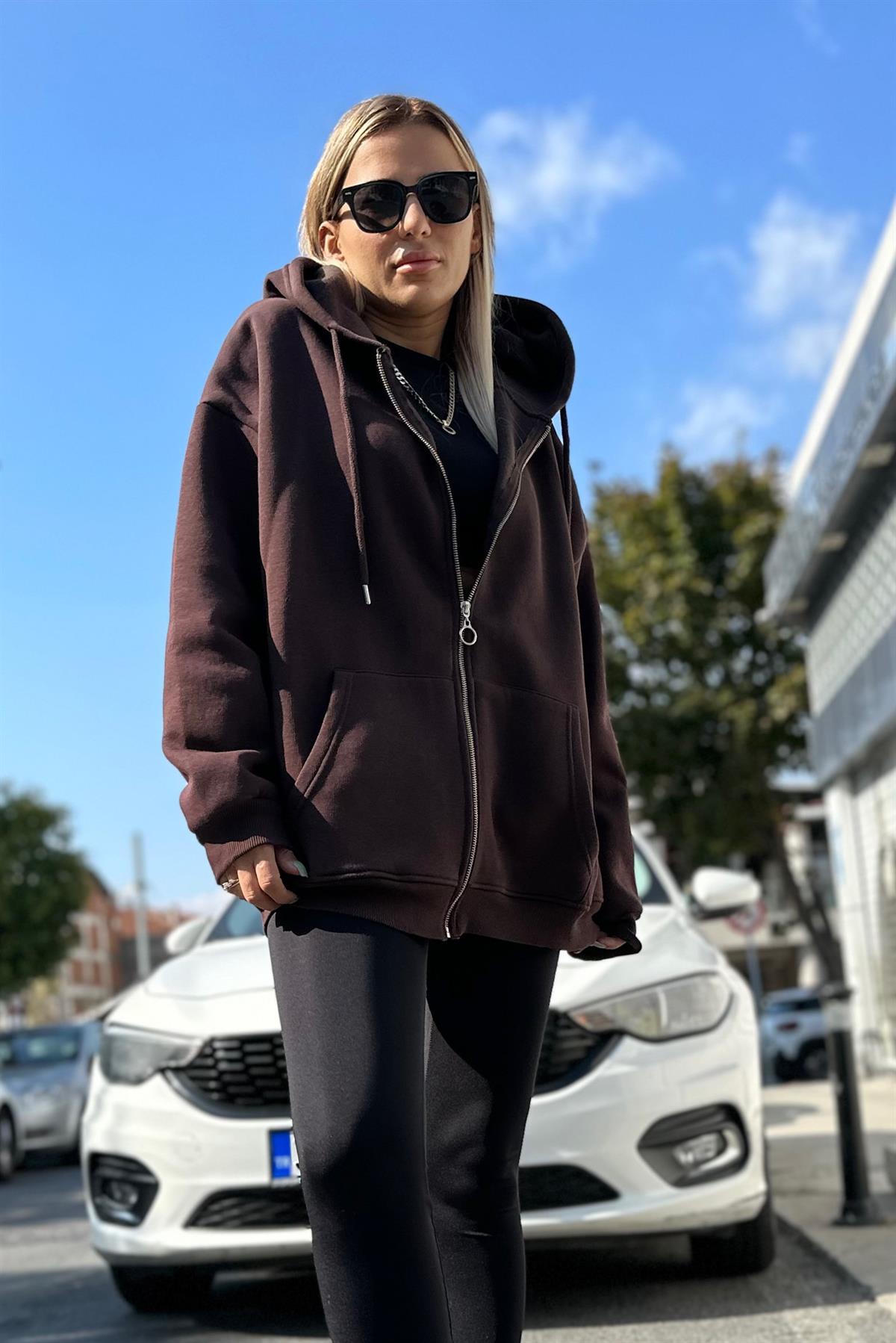 Kahverengi Fermuarlı Oversize Sweatshirt SWEATSHİRT