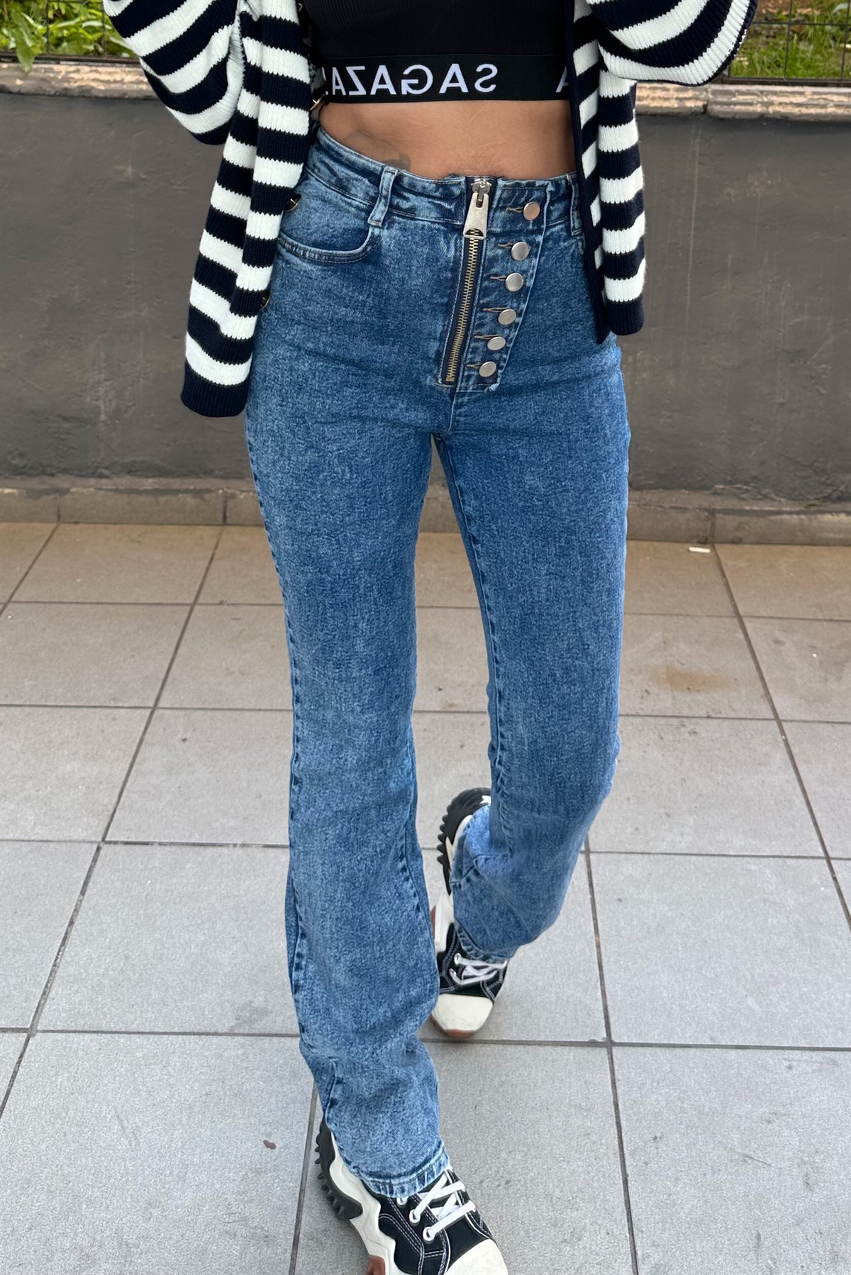 Kalın Fermuarlı Kar Yıkama Flare JeanJEAN
