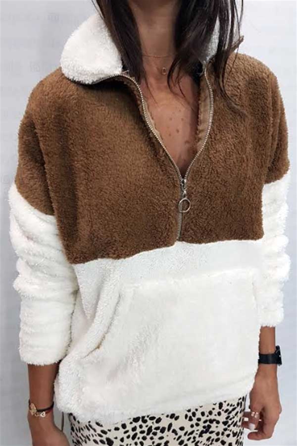Kanguru Cepli Fermuarlı İki Renk Kahve Peluş Sweat