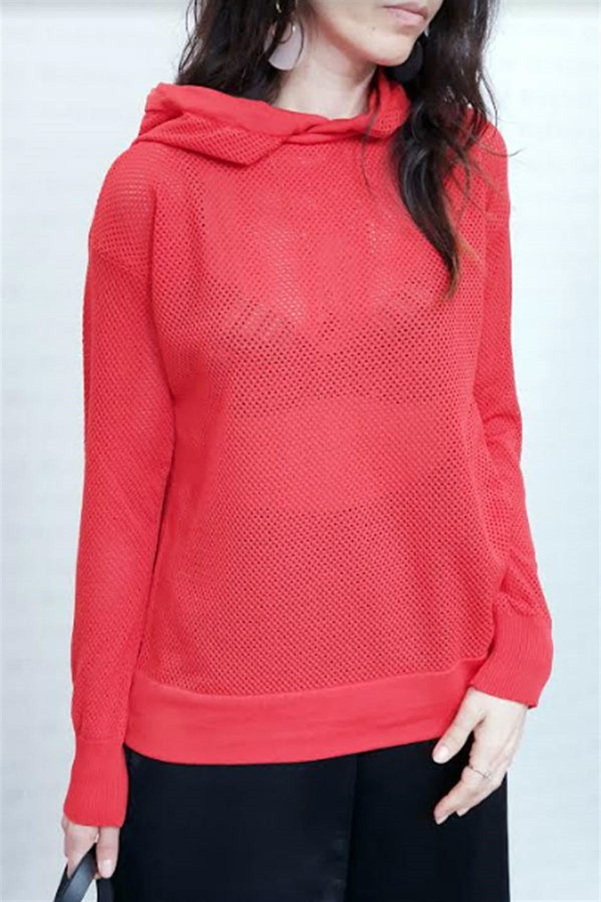 Kapşonlu File Kırmızı Sweat Bluz