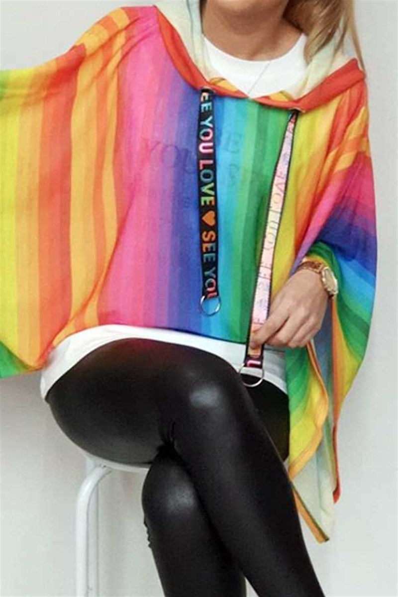 Kapşonlu Gökkuşağı Panço Sweat