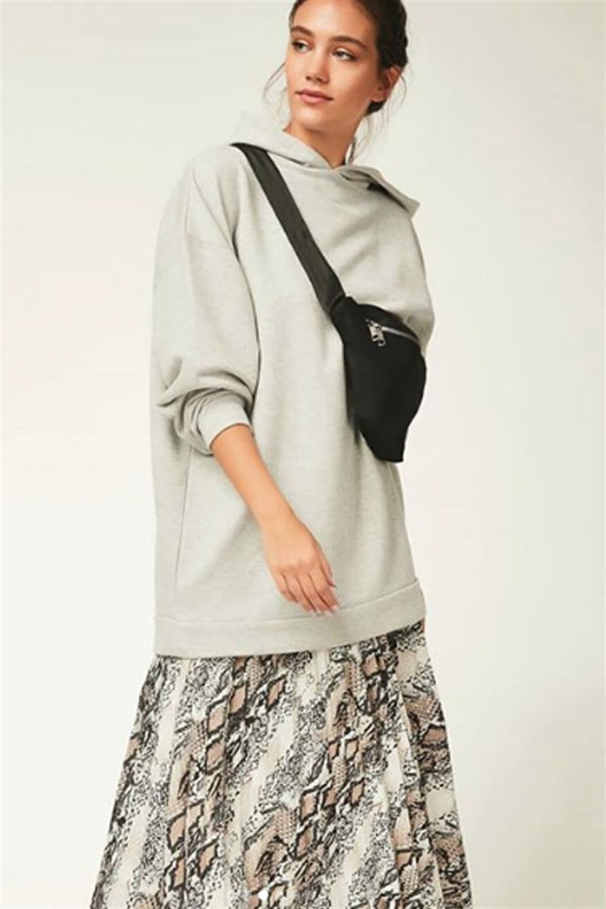 Kapşonlu Gri Tunik Sweatshirt