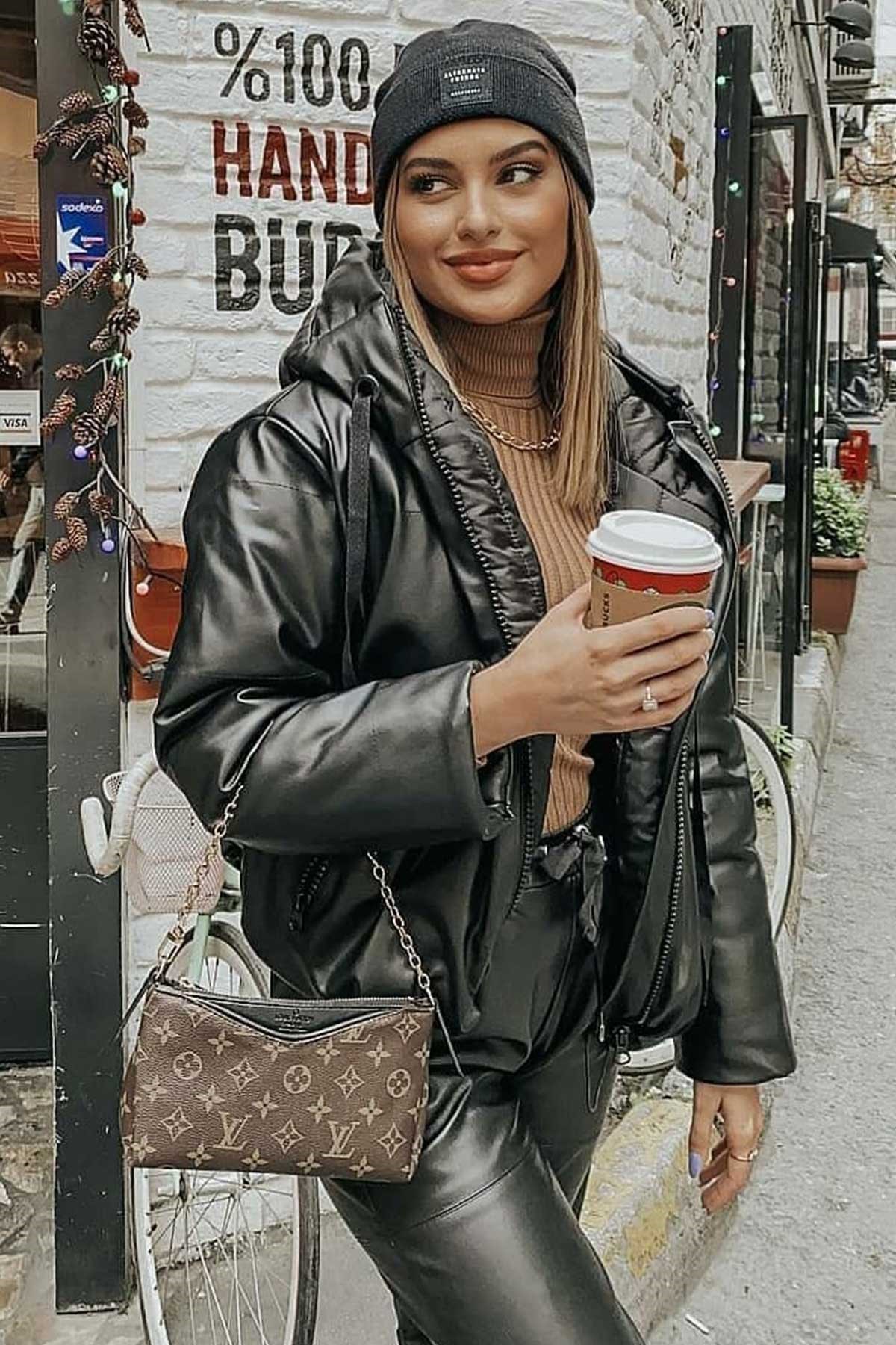 Kapşonlu Oversize Deri Mont