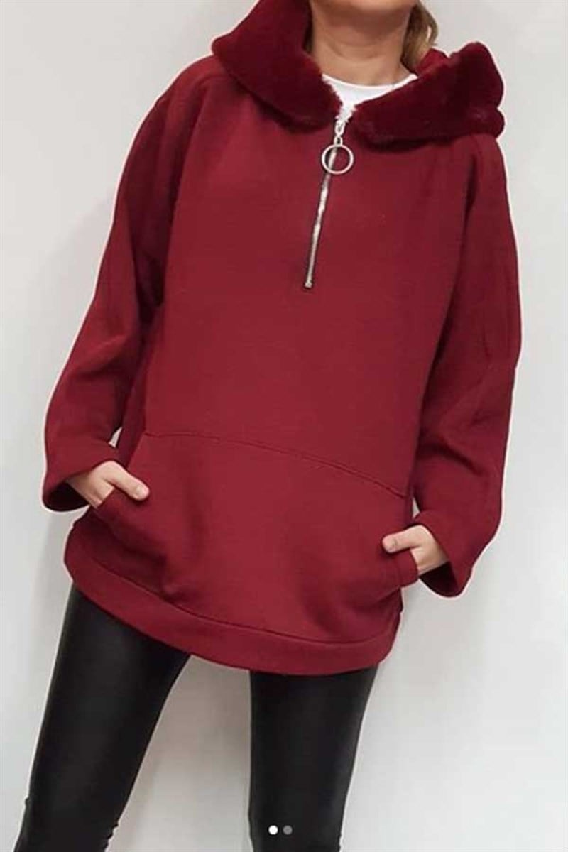 Kapşonu Peluş Fermuar Detay Sweatshirt