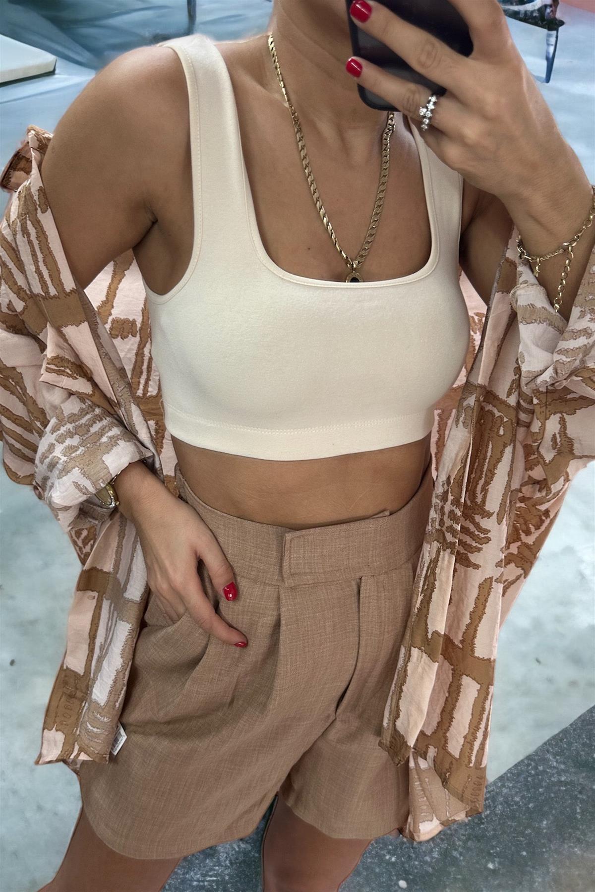 Kare Yaka Kalın Askı Bej CropCROP