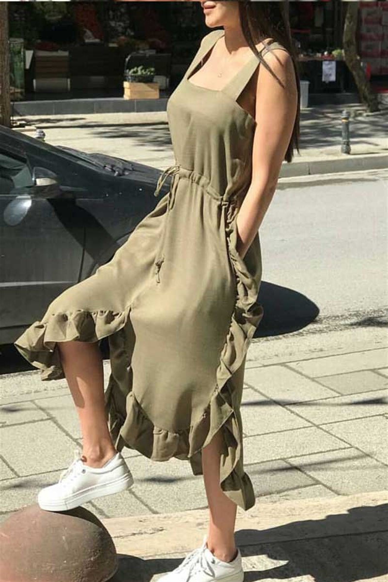 Kare Yaka Keten Elbise