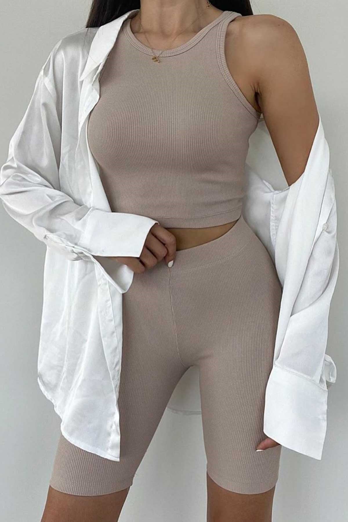 Kaşkorse Kumaş Biker Tayt Crop Takım