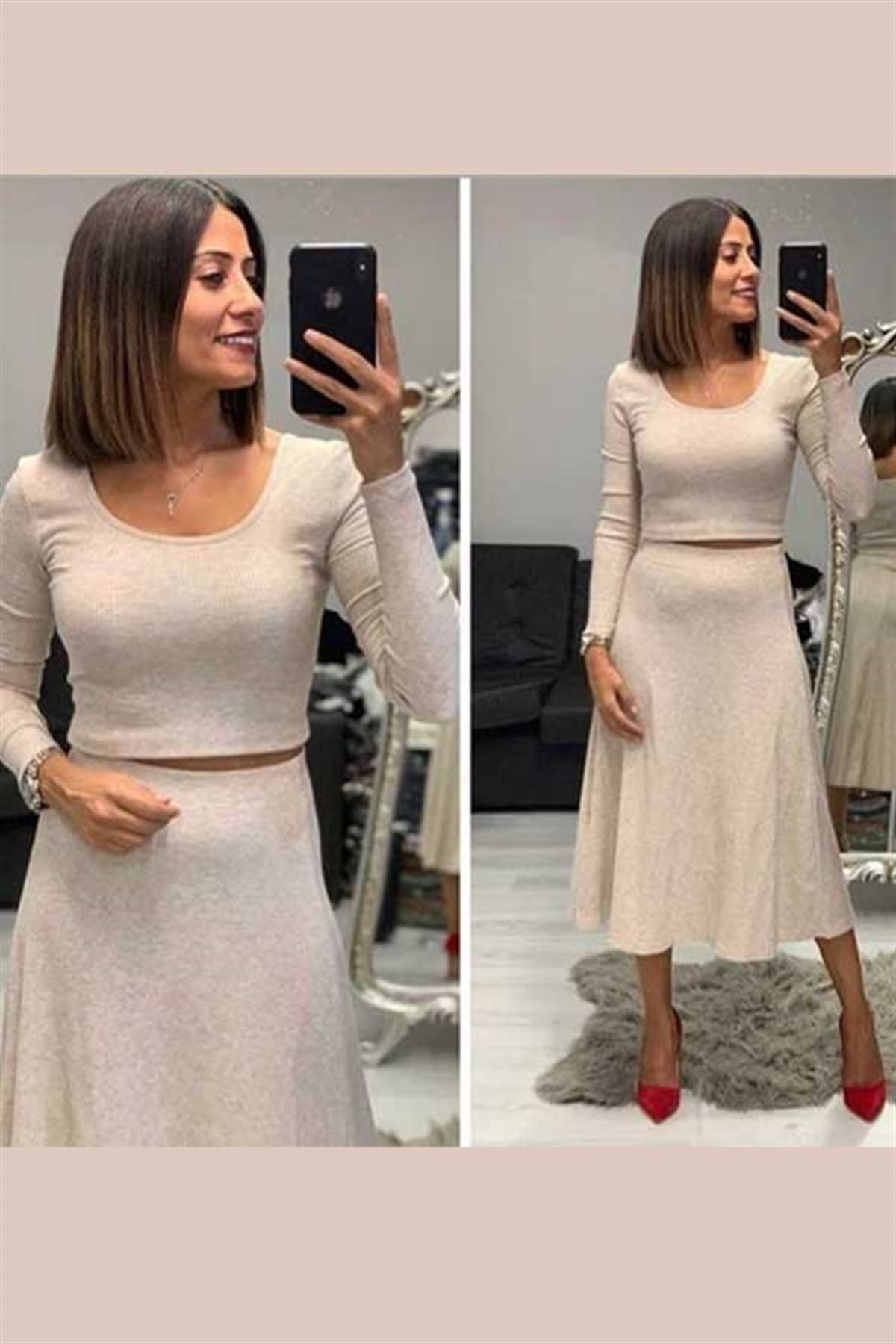 Kaşkorse U Yaka Bluz Etek Takım