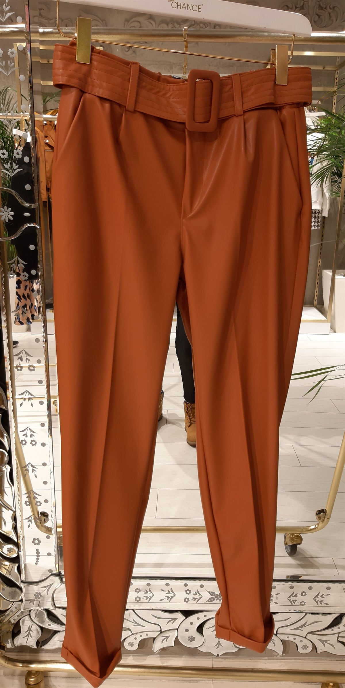 Kemerli Duble Paça Deri Pantalon