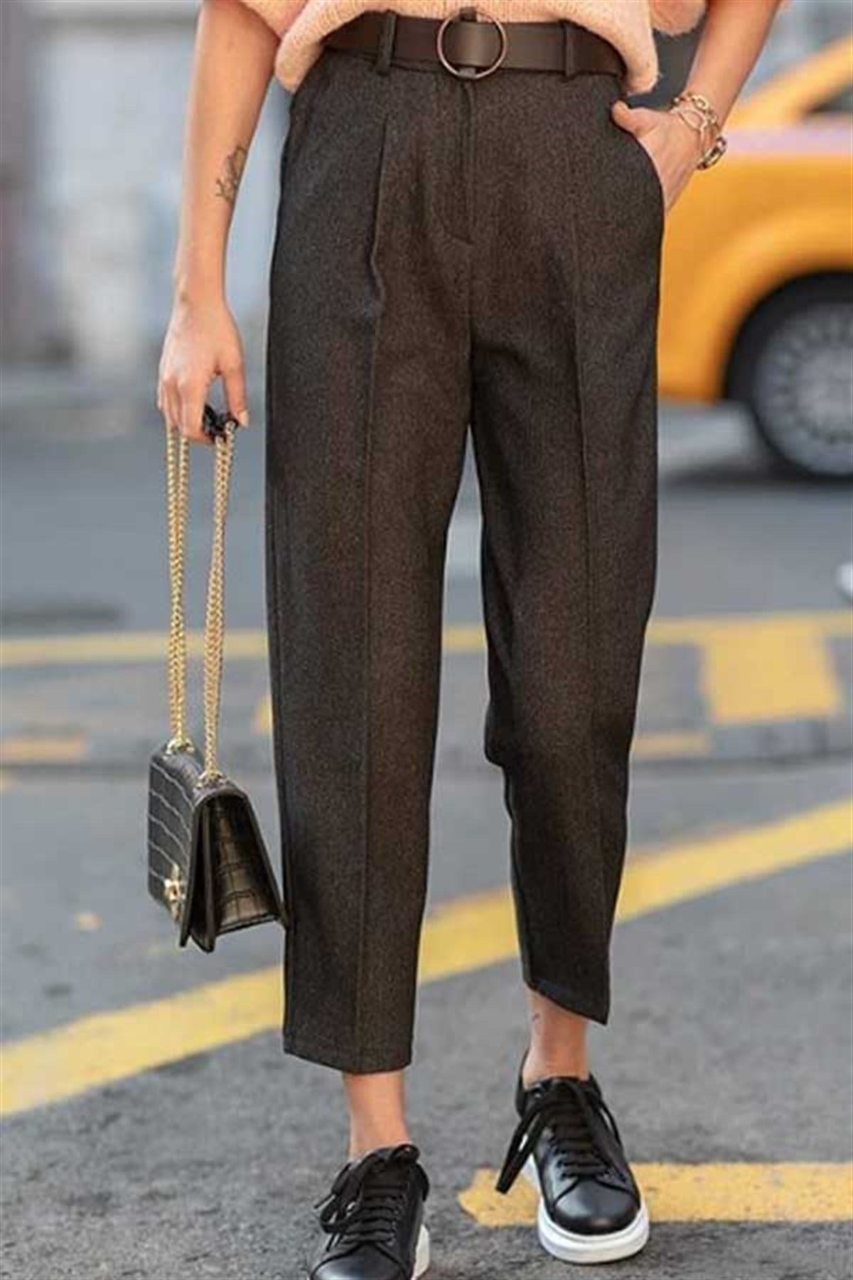 Kemerli Kahve Havuç Pantalon