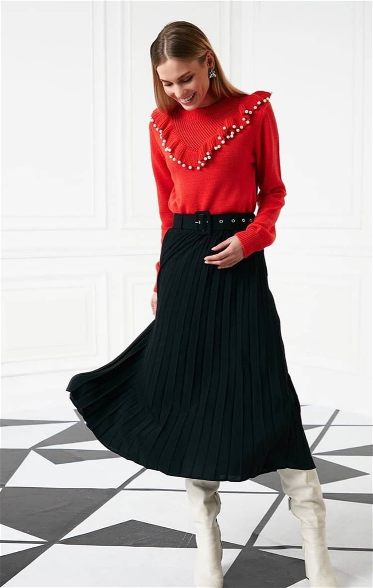 Kemerli Pileli Midi Boy Etek