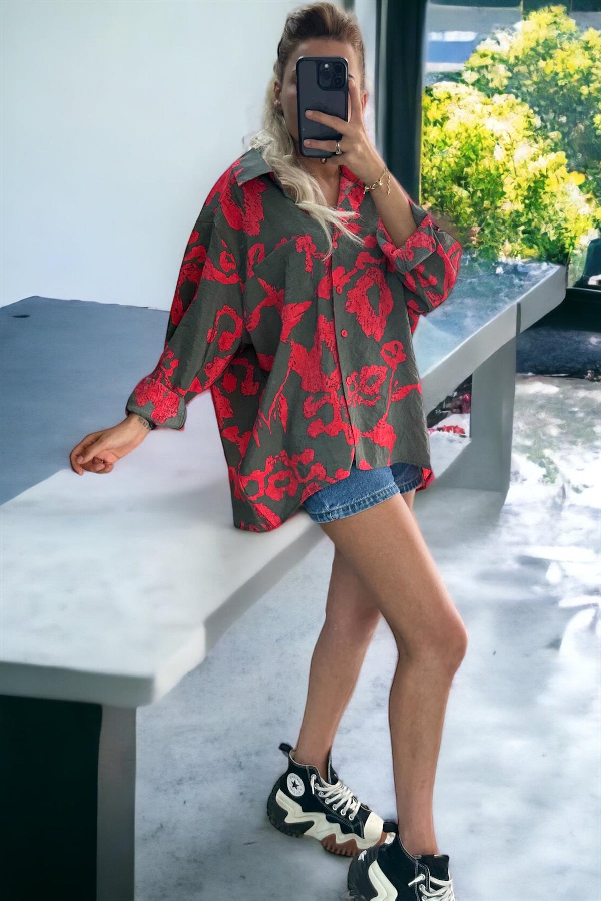 Kırmızı Gri Oversize GömlekGÖMLEK
