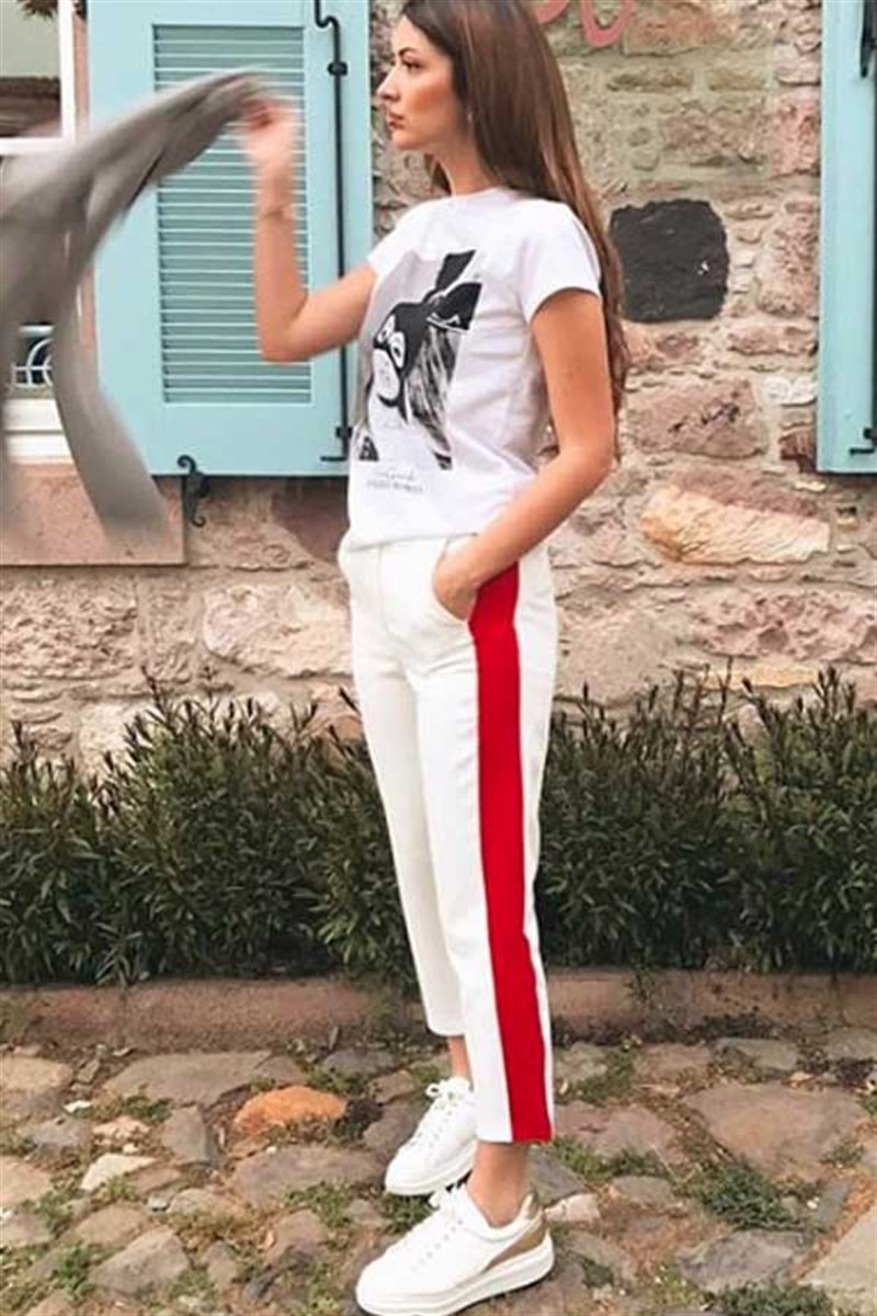 Kırmızı Şeritli Beyaz Havuç Pantalon