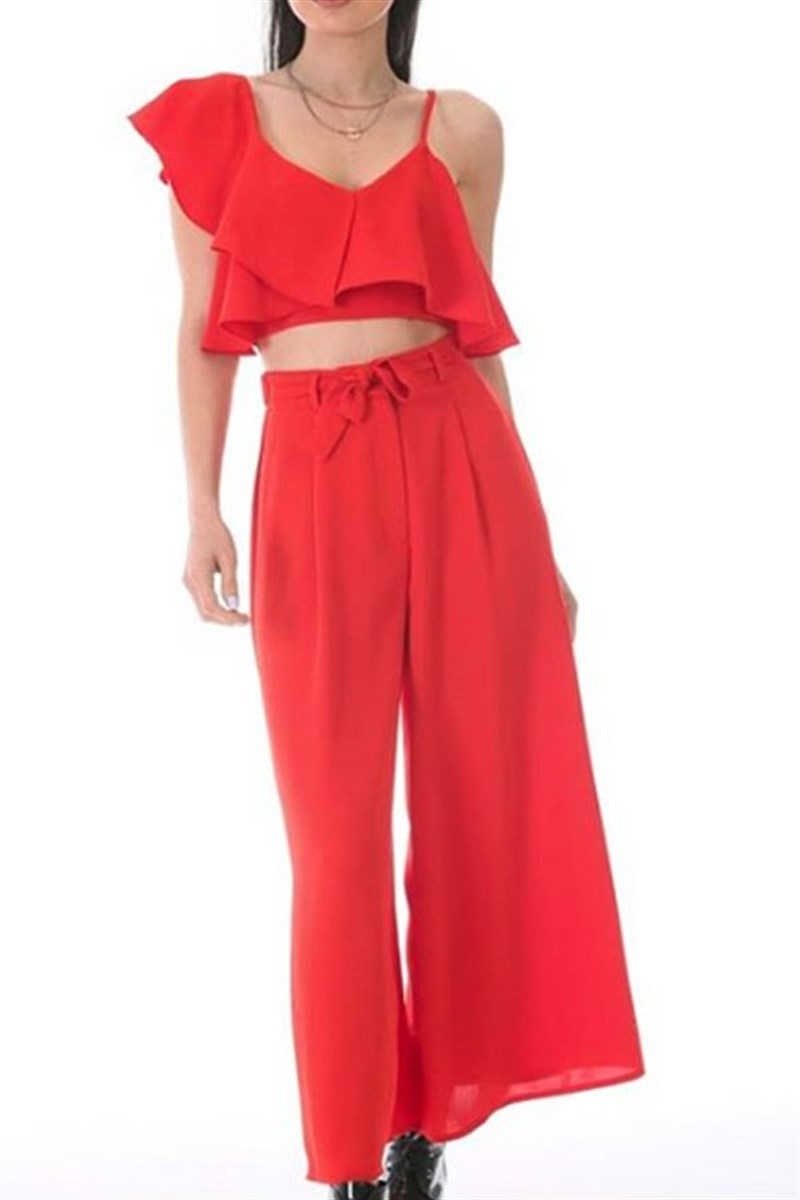 Kırmızı Volanlı Bluz Pantalon Takım