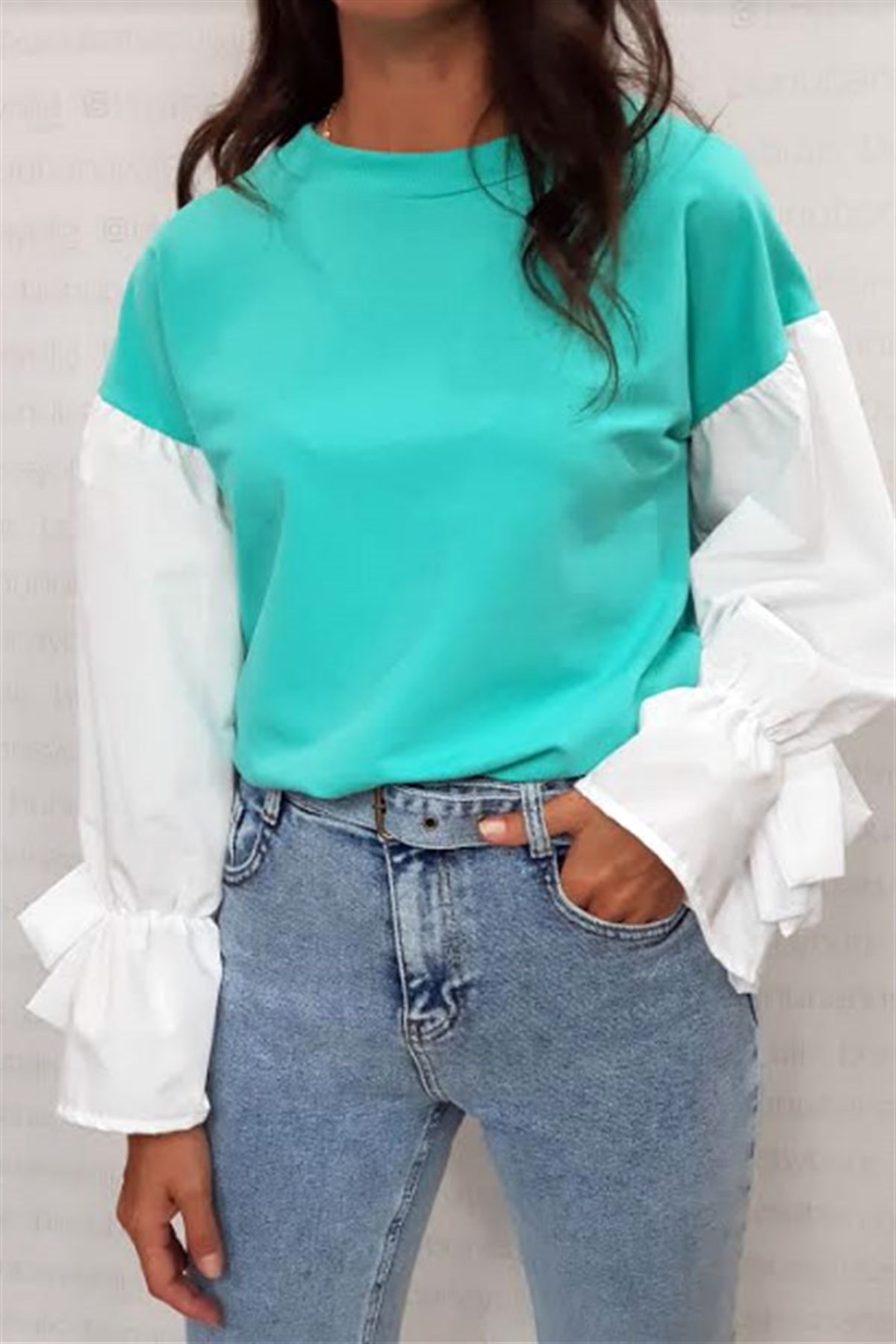 Kolları Bağlamalı Poplin Mint Sweatshirt