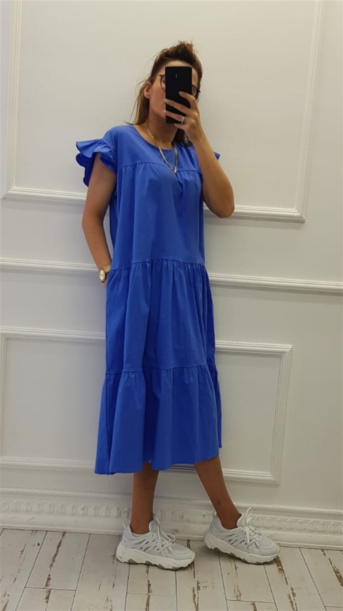 Kolları Fırfır Detay Cepli Poplin Elbise