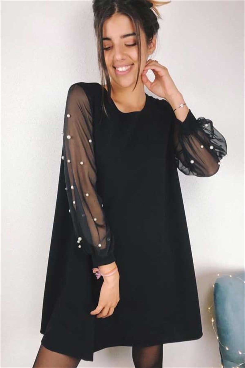 Kolları İnci Ve Şifon Detaylı Elbise